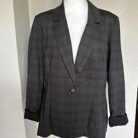 Nanette Lepore Black And Gray Plaid Single Button Blazer With Cuffed Sleeve 12 - Picture 3 of 10